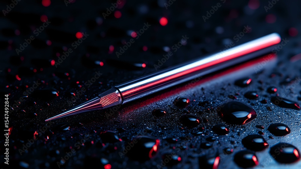 Poster metallic fountain pen nib with red reflections on dark wet surface with water drops. dramatic lighti