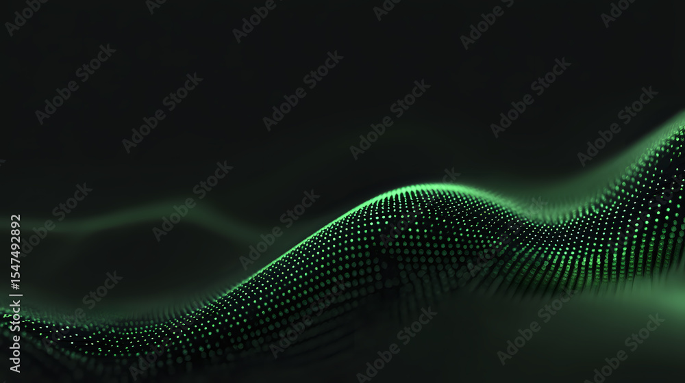 Poster glowing green particle wave formation on dark background creates dynamic flowing motion effect for t