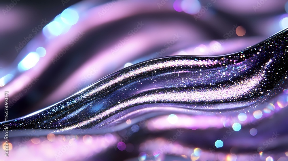 Poster abstract flowing waves with glittering sparkles in purple and blue colors creating magical ethereal 