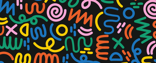 Memphis seamless geometric pattern. Multicolored abstract background in retro style of the 80s, 90s with various shapes: circles, dots, zigzags, spirals, wavy lines. eps 10