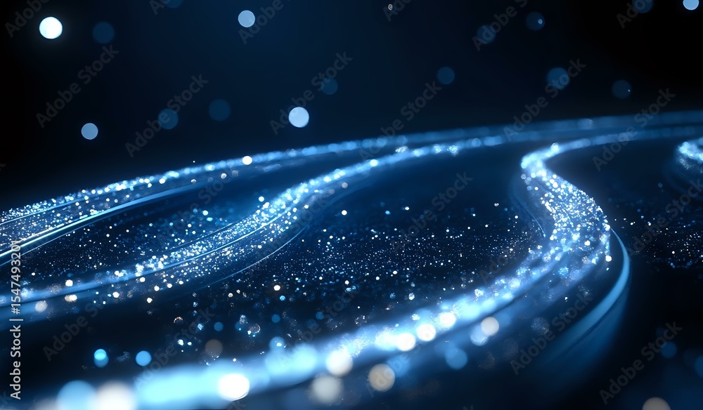 Poster abstract glowing blue curved lines with sparkles and particles on dark background create futuristic 