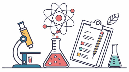 Scientific Research and Education Concept with Laboratory Equipment Atom Model and Checklist Flat Design Vector Illustration