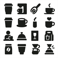 Obraz premium Coffee Icon Collection. Solid style icons of coffee silhouette: takeaway sleeve icon, coffee brewing icon, bean measuring scoop,