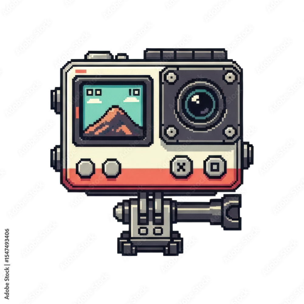 Poster retro-style pixel art camera with mountain display transparent png