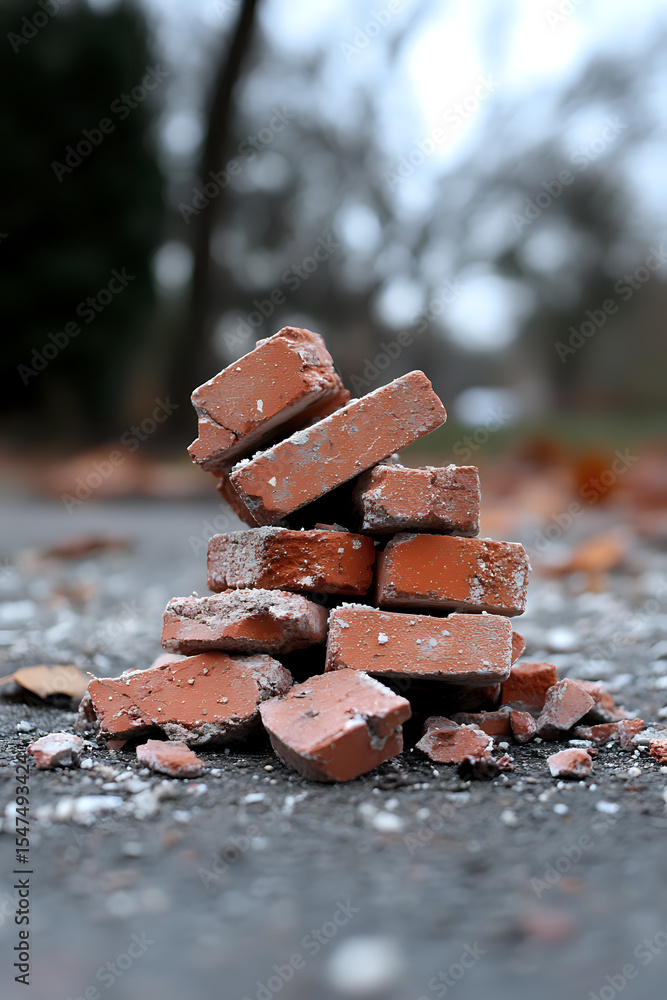 Poster stack of broken red clay bricks on rough concrete surface with blurred natural background, showing t