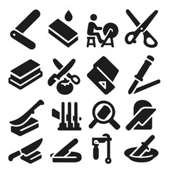 Fototapeta premium Blade Sharpening Icons. Solid style icons of blade sharpening: folding sharpening rod, oil stone with drip icon, sharpening wheel