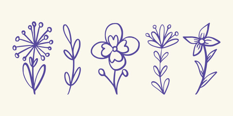 Playful line art flowers with whimsical petal arrangements Vector art illustration isolated transparent background