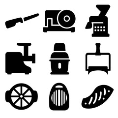 Cutting Tools Icons. Solid style icons of cutting and chopping devices: electric knife, food slicer, vegetable cutter, meat