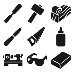 Fototapeta premium Woodcraft Tool Icons. Solid style icons of woodcraft and carving: wood chisel, mallet, wood block, carving knife, saw, wood glue,