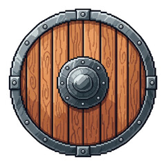 Obraz premium Round wooden shield with metal rim and knob in pixel art style transparent PNG