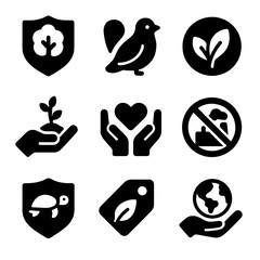 Environmental Conservation Icons. Solid style icons of environmental conservation: protected tree, wildlife icon, eco zone,