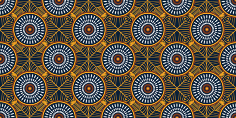 African ethnic traditional blue and yellow pattern. seamless beautiful Kitenge, chitenge style. fashion design in colorful. Geometric circle abstract motif. Floral Ankara prints, African wax prints.