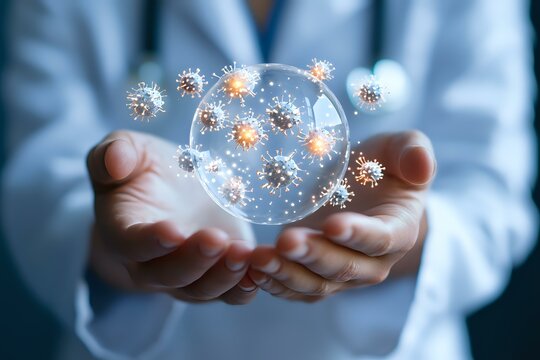 Glowing virus particles floating in transparent sphere above cupped hands against blue background, medical science concept visualization for healthcare and disease research.