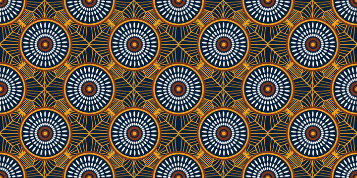 African ethnic traditional blue and yellow pattern. seamless beautiful Kitenge, chitenge style. fashion design in colorful. Geometric circle abstract motif. Floral Ankara prints, African wax prints.