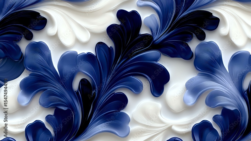 Poster elegant swirling pattern with deep blue and white feathered shapes creating luxurious seamless textu
