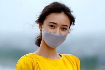 Young Asian woman wearing protective face mask and yellow t-shirt outdoors, wind blowing hair, soft focus background with urban landscape.