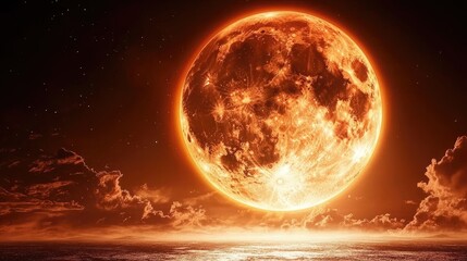 Fiery moon over a dark horizon.