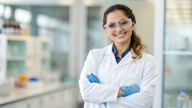 A smiling scientist posing in a lab with a confident demeanor. She is wearing safety glasses and a lab coat - Powered by Adobe