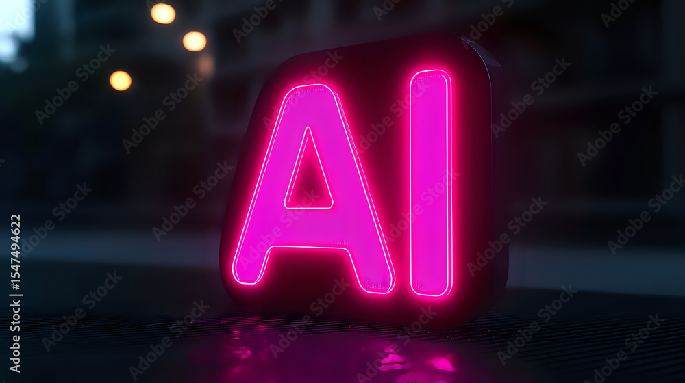 Poster glowing pink neon ai letters on dark background with soft bokeh lights, modern technology concept re
