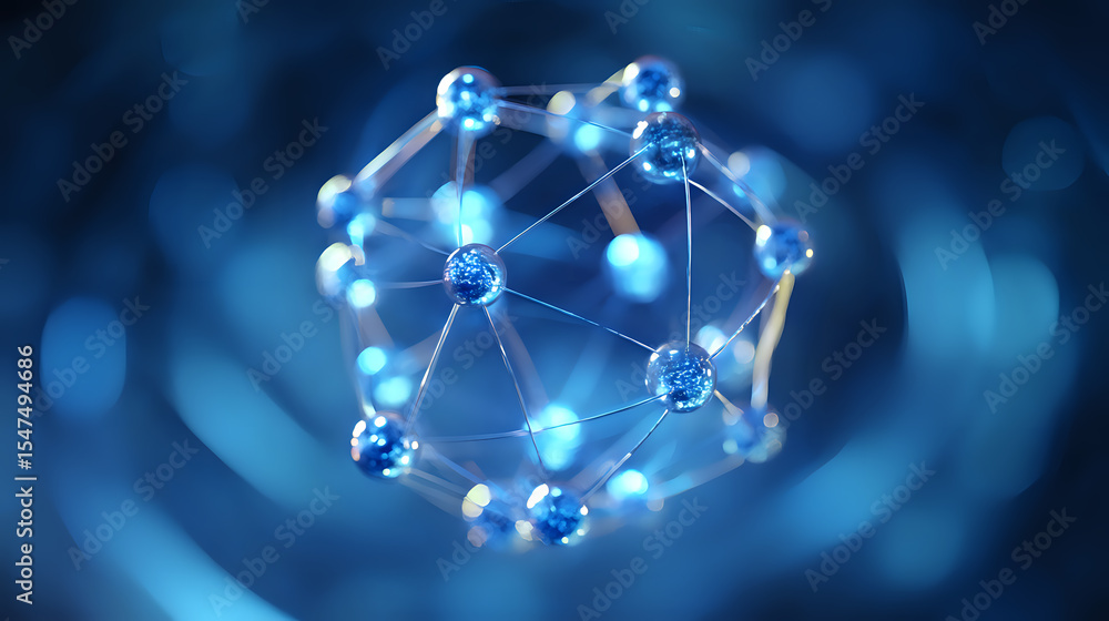Poster glowing molecular structure with interconnected blue spheres and connecting lines floating on dark b