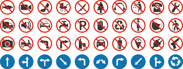 Collection of different prohibition, ban signs and symbols. Arrow road signs. Vector