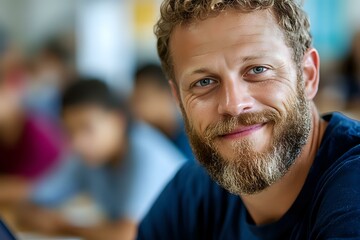 Fototapeta premium Confident mature Caucasian male with full beard and curly blonde hair smiling warmly at camera, wearing navy blue casual shirt in blurred office environment.