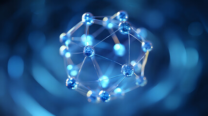 Glowing molecular structure with interconnected blue spheres and connecting lines floating on dark background with bokeh effect. For science presentations.