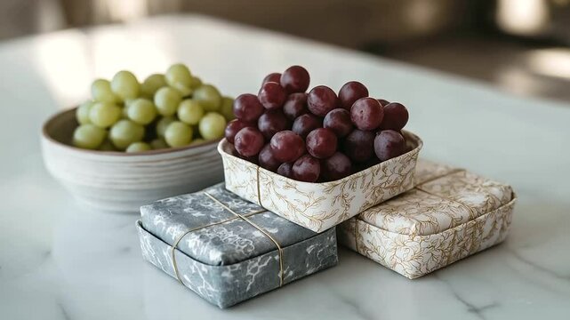 Reusable Beeswax Wraps for Fruit Preservation on Marble Countertop