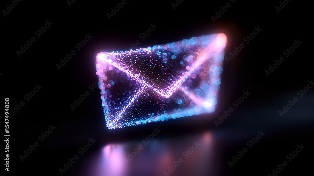 Poster glowing neon envelope icon with sparkles and particles floating in dark space, digital communication