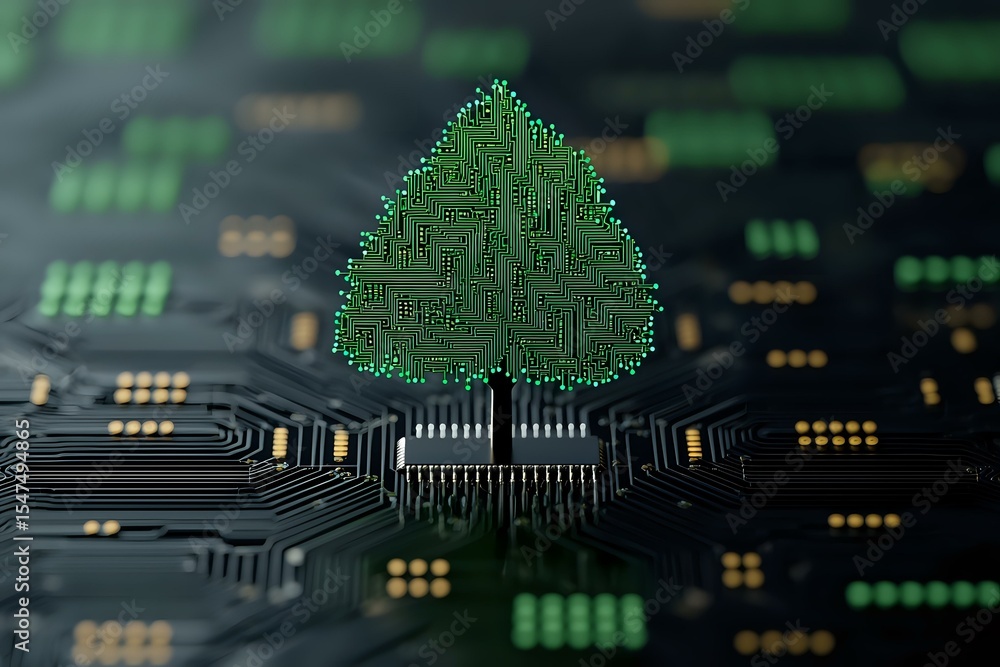 Aufkleber green digital tree growing from circuit board with electronic pathways and components, symbolizing s