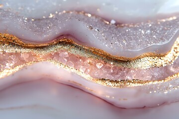Obraz premium Abstract luxury background with pink and gold waves, glitter texture and crystal elements creating elegant marble effect for modern wall art decor.