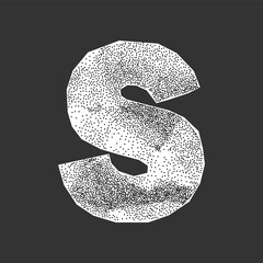 Letter S from jagged crumpled paper. Gritty halftone shading, ransom collage font with stipple effect and aged feel.