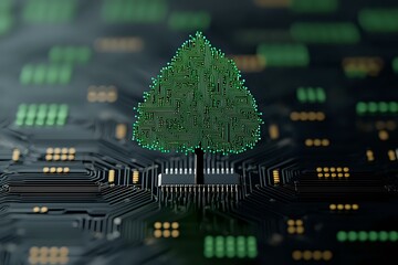 Green digital tree growing from circuit board with electronic pathways and components, symbolizing sustainable technology and environmental computing solutions.