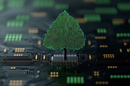 Green digital tree growing from circuit board with electronic pathways and components, symbolizing sustainable technology and environmental computing solutions.