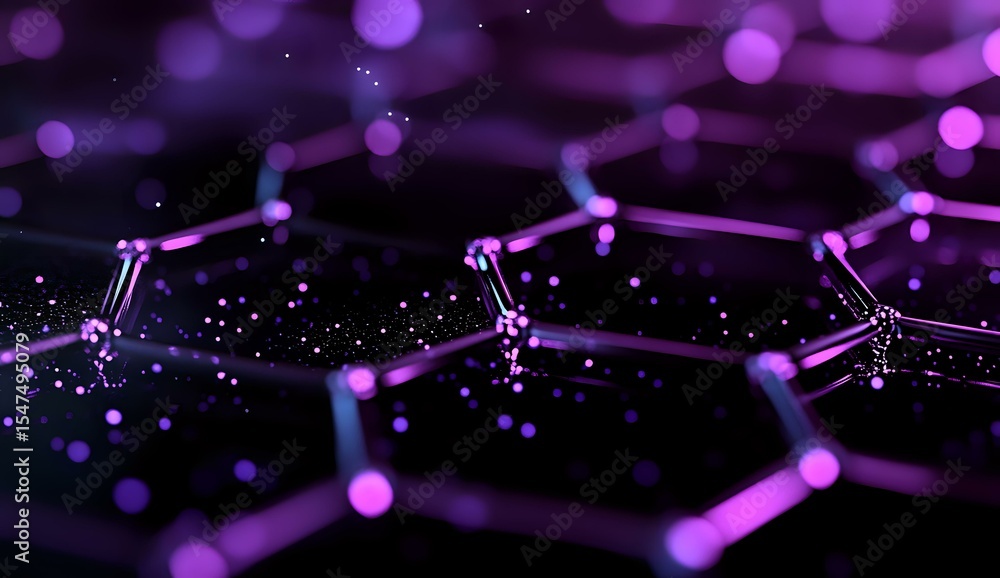 Poster glowing purple molecular structure with connected nodes on dark background, abstract scientific visu