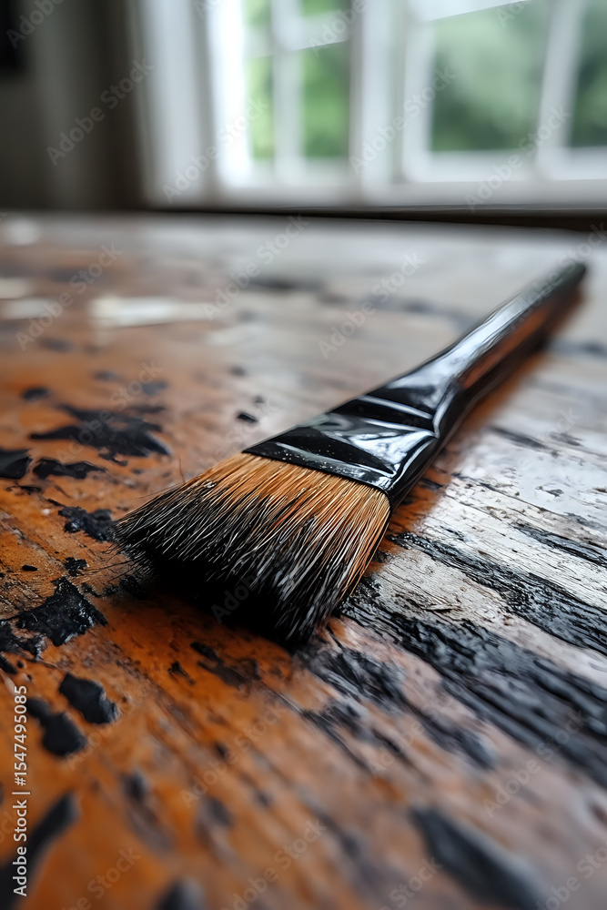 Poster paint brush with natural bristles lying on rustic wooden surface with black paint marks, captured in