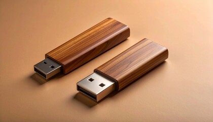 Artistic product shot of USB stick with dual wood finish, standing diagonally with a mild reflective pose, set on solid color backdrop