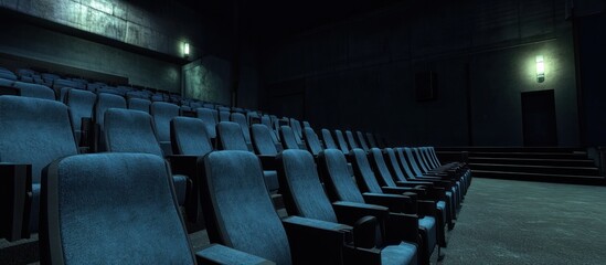 Serene rows of blue velvet seats await in a dimly lit theater