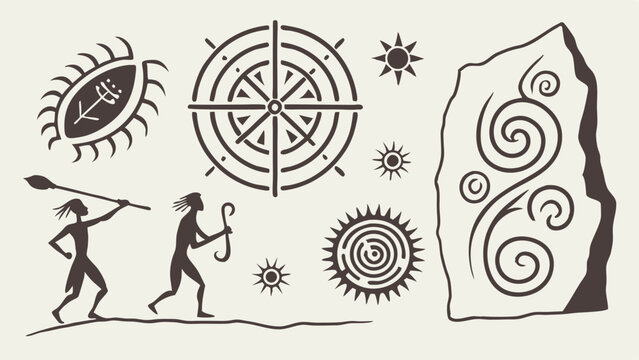 Ancient Prehistoric Tribal Symbols Rock Art Cave Painting Sun Spirals Maze Hunter Figures Stone Monument Design Elements