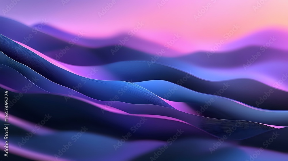 Poster abstract wavy landscape with smooth flowing curves in vibrant purple and blue gradient colors agains