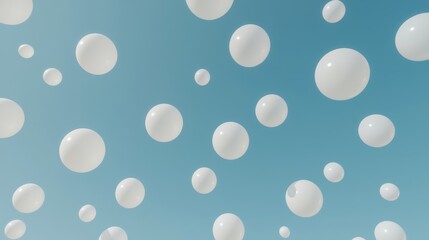 White Balloons Floating in Clear Blue Sky with Negative Space, Minimalistic and Peaceful Scene