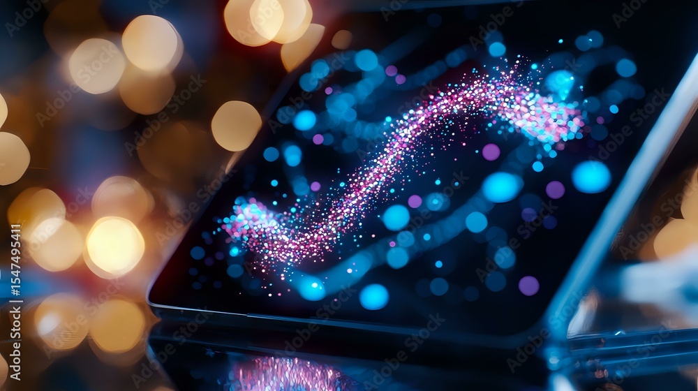 Poster magical glowing sparkles and bokeh lights on digital tablet screen creating ethereal atmosphere with