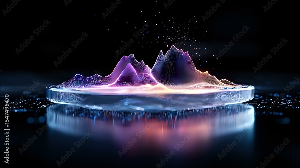 Aufkleber glowing purple mountain landscape on illuminated circular platform with reflection against dark back