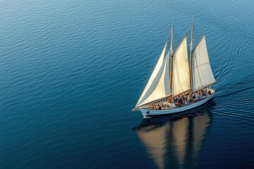 Aerial view of a beautiful sailing yacht cruising on the blue sea