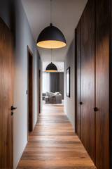 Contemporary entryway interior with wood accents, large built-in closet and warm pendant lights.