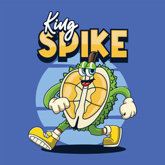 Funny Durian fruit 70s retro comic cartoon character illustration