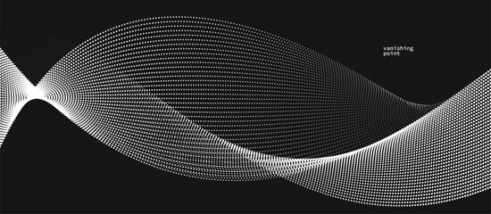 Smooth and relaxing shape vector abstract background with wave of flowing particles over black, curve lines of dots in motion, tranquil and soft image.