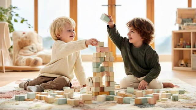 In a bright and cheerful space, two children collaborate joyfully as they create a colorful tower with wooden blocks. Their laughter fills the air as they explore creativity and teamwork.