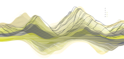 Nature art oriental Japanese style vector abstract background, mountains terrain landscape, scenic abstraction.