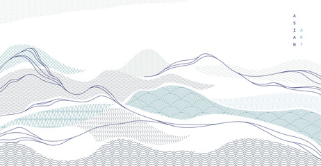 Oriental Japanese style vector abstract illustration, background in Asian traditional style, wavy shapes and mountains terrain, runny like sea lines.